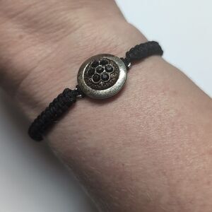 519 Black Adjustable Slider Bracelet with‎ Black Rhinestones Silver Circle Charm